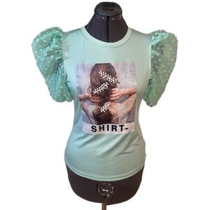 Miss Mia Mia Mint Green Balloon Sleeve Spandex T-shirt Top Size Medium